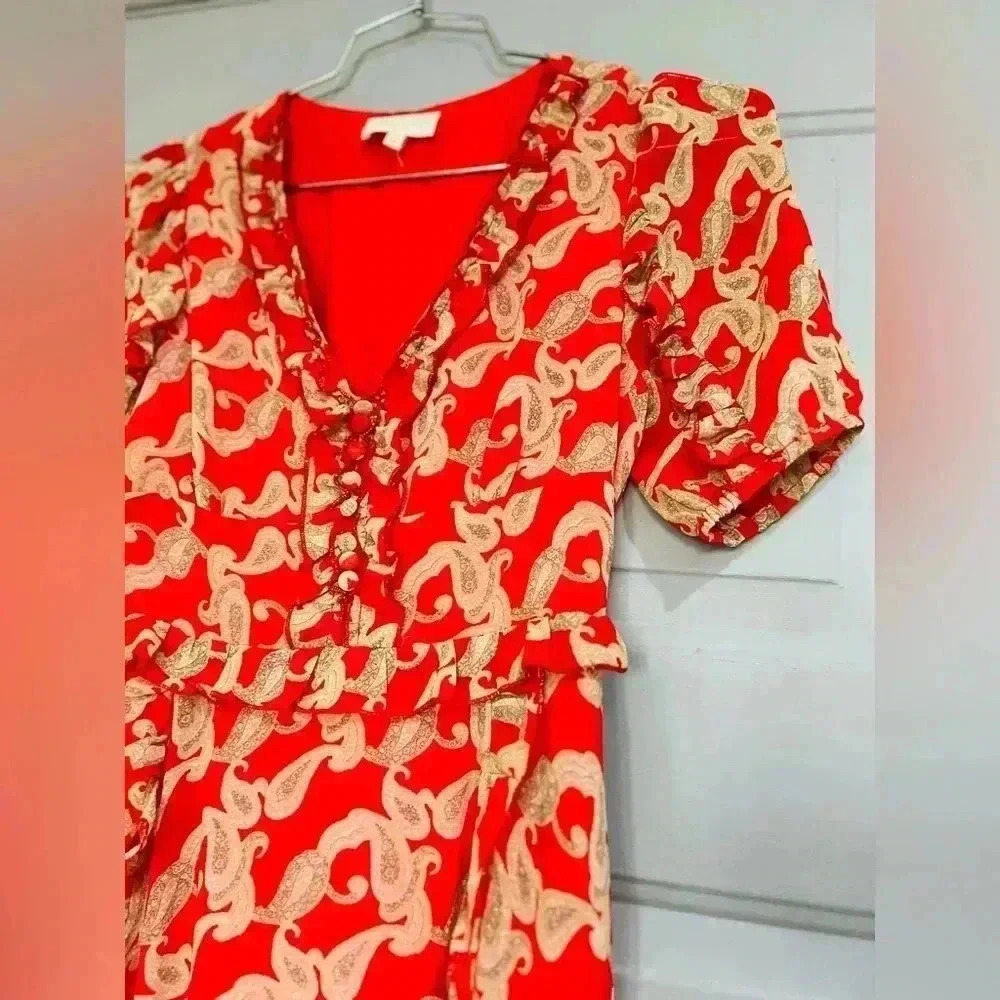MELLODAY V-Neck Short Sleeve Paisley Print Midi Dress In Red Cream - Picture 3 of 11
